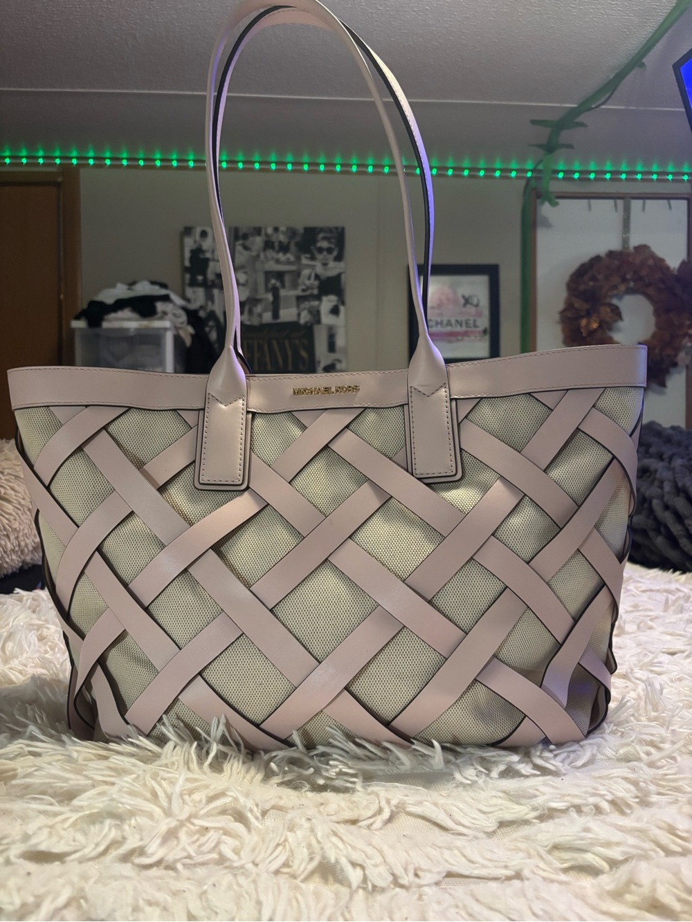 Michael Kors Blush Pink Interwoven Leather Lattice Over Canvas Body